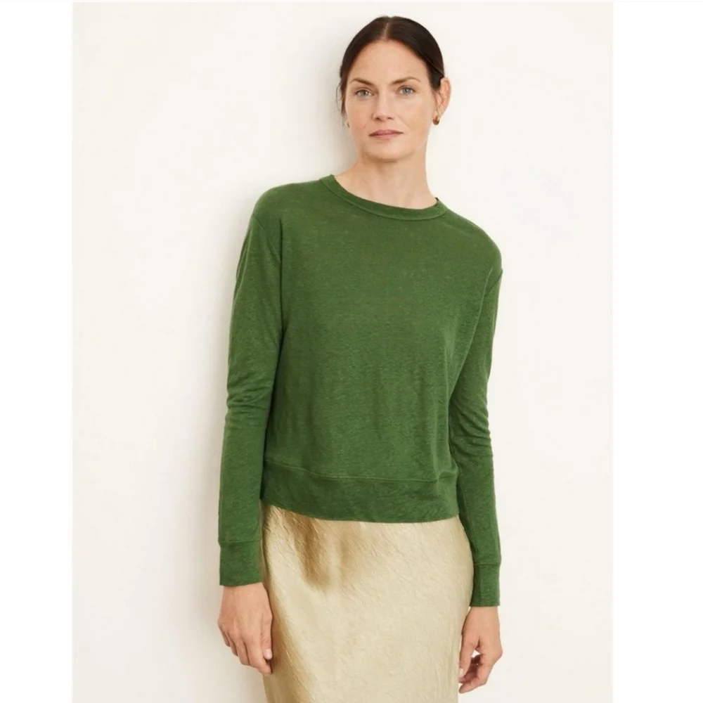 Vince • 100% Linen Long Sleeve Slub Pullover Shirt in Olive Drab Green Sz M - Picture 2 of 12